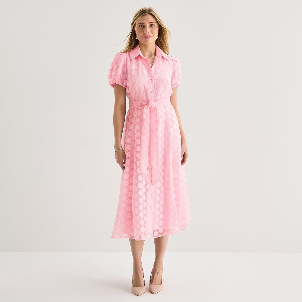 MSRP $89 52seven Womens 18 Light Pink Short Sleeve Midi Dots Shirt Dress